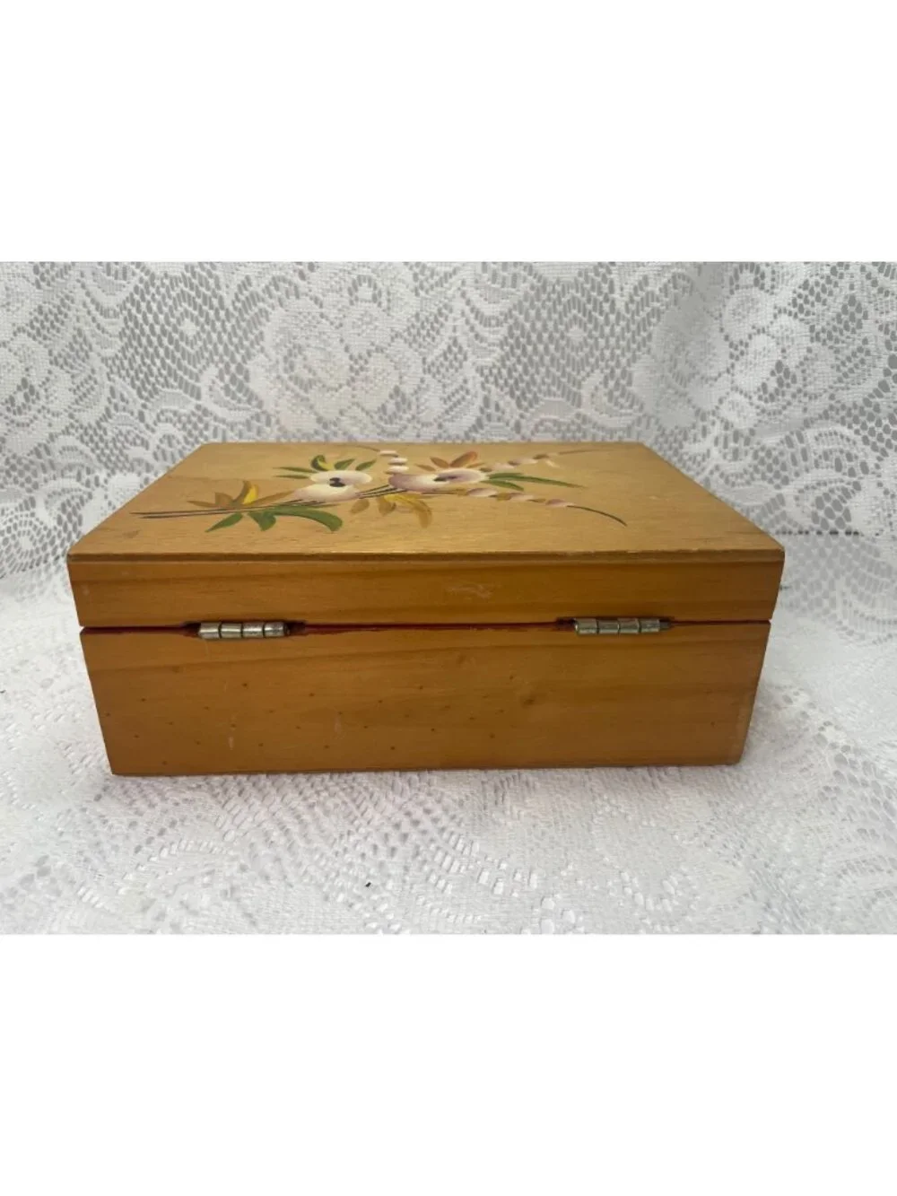 Handmade Wooden Jewelry Box With Floral Hand-Painted Design Red Felt Interior &